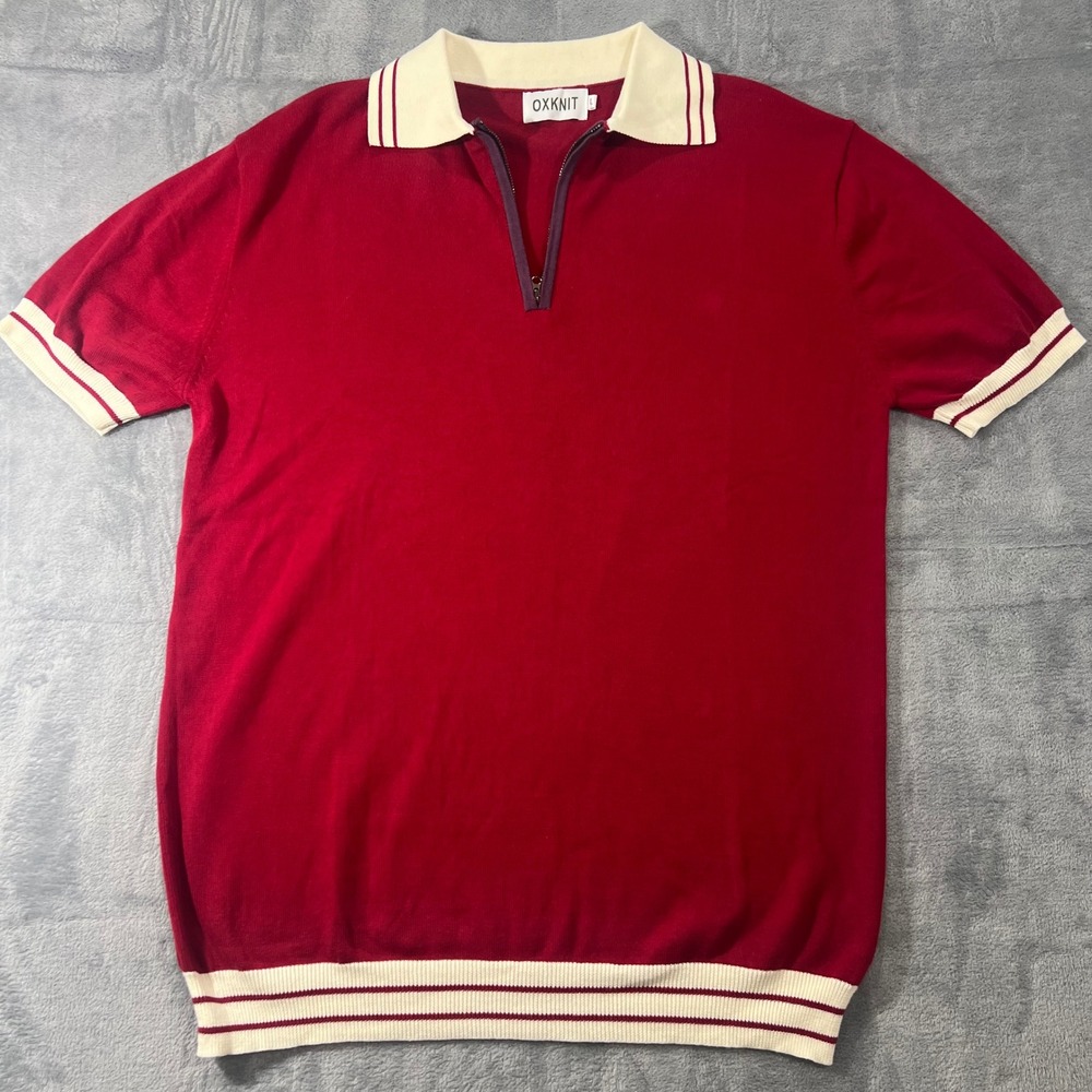 OXKNIT Mens Red Quarter Zip Knit Polo Shirt Short Sleeve Retro Striped Large